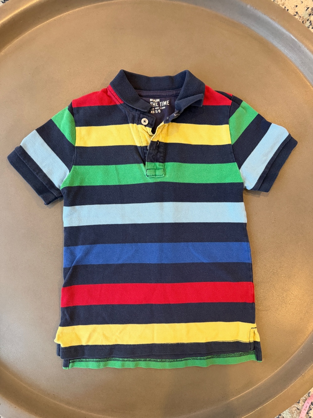Ruum Navy Polo with Red, Yellow, Green, Light Blue and Blue Stripes XS